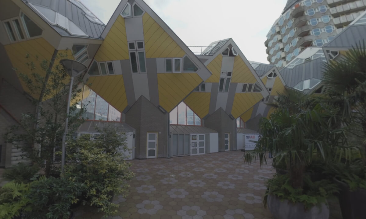 360 VR View to Cube Houses and people walking in the yard. Rotterdam, Netherlands