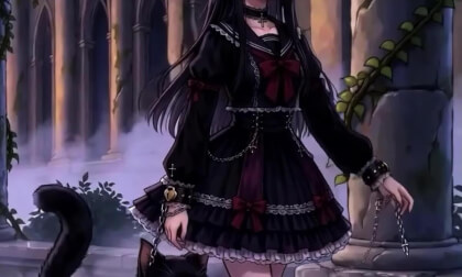 A listless cat-eared girl walks alongside a black cat.