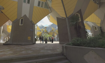 360 VR Tourists walking among Cube Houses in Rotterdam, Netherlands