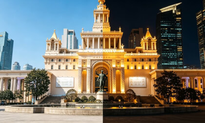 Day and Night at Shanghai Exhibition Centre, a Russian-style palace