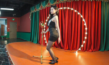 Cat-Eared Girl on a Vintage Bar Stage