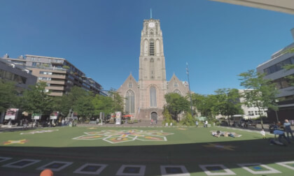 360 VR Rotterdam city view with St. Lawrence Church and Flying Grass Carpet, Netherlands