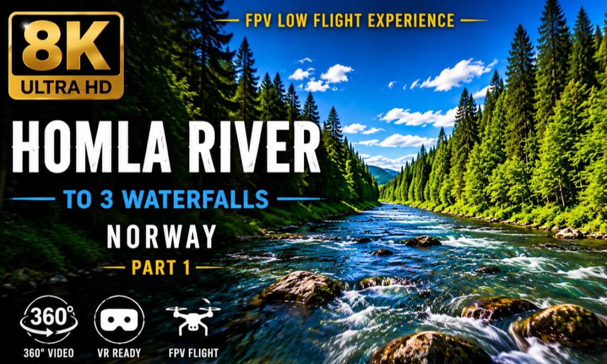 Homla River, Norway — Low Flight Toward Three Waterfalls | 8K 360 VR Nature Journey (Part 1)