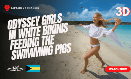 Odyssey girls in white bikinis feeding the swimming pigs of Exuma part 4