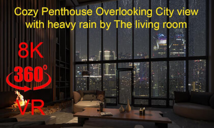 Cozy Penthouse Overlooking City view with heavy rain by The living room (8K UltraHD)