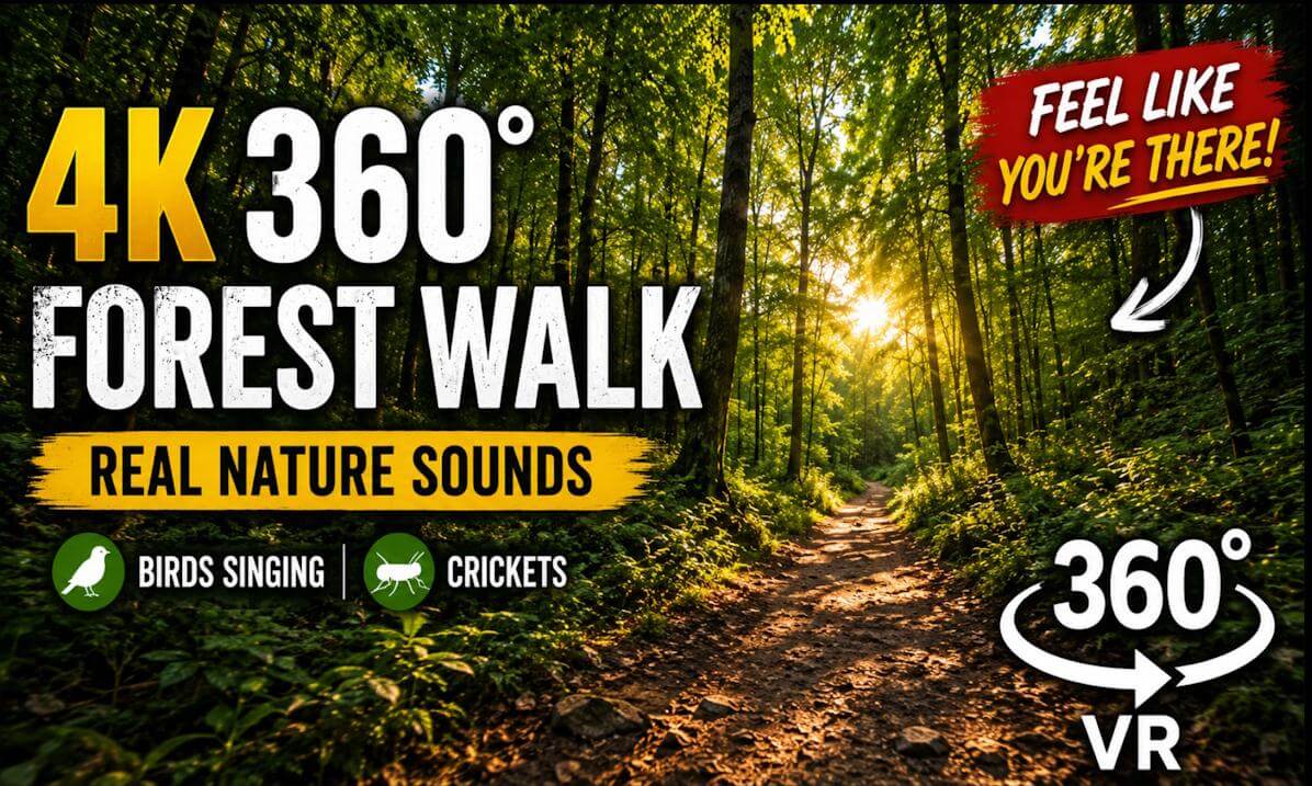 4K Forest VR 360 Walk | Real Birds Singing, Crickets, No Music | Pure Nature