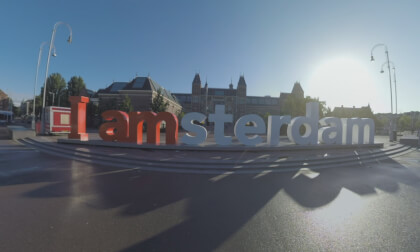 360 VR Tourists taking shot of I amsterdam slogan near Rijksmuseum, Amsterdam