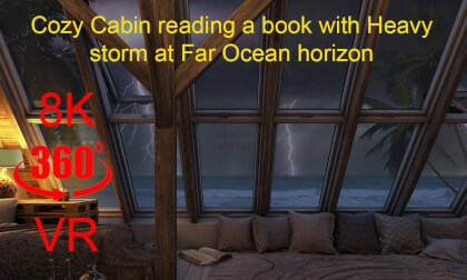 Cozy Cabin reading a book with Heavy storm at Far Ocean horizon (8K UltraHD)