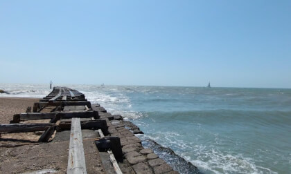 Landguard Felixstowe, old railway pier with yachts in the distance