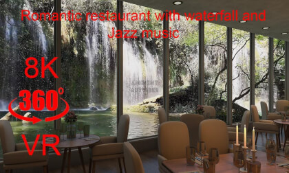 Romantic restaurant with waterfall and Jazz music (8K UltraHD)