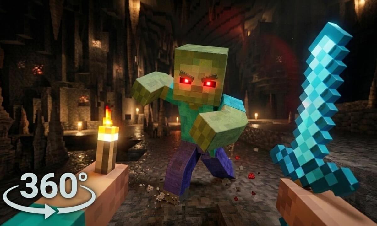 Minecraft 360° VR - Cave Mining and Fighting Zombies