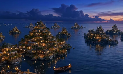 A seaside town with lush greenery by the sea