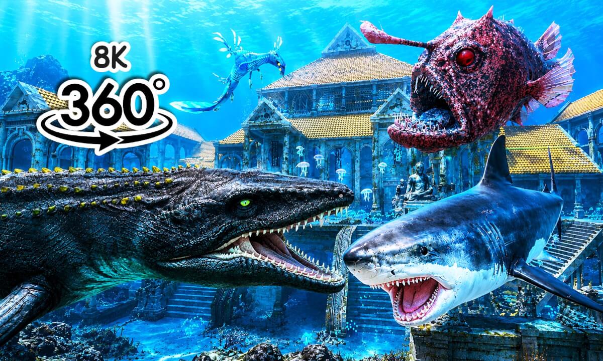 360 Magical Underwater Golden Temple With Giant Sea Monsters - 8K VR Experience