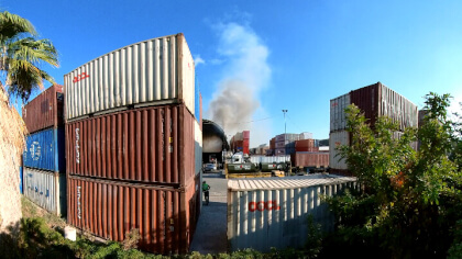 Iron Dome intercepts Hamas missile above a recycling factory in Haifa bay 360VRץ A fire broke out and a cloud of smoke rose into the sky. 360VR video panorama Iron Dome intercepts Hamas missile above a recycling factory in Haifa bay 360VRץ A fire broke out and a cloud of smoke rose into the sky. 360VR video panorama