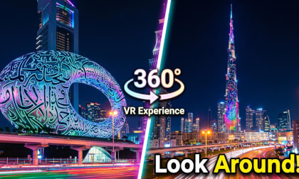 Dubai 360 Tour at night: Sheikh Zayed Road . Frame Dubai . Museum of Future . Burj Khalifa