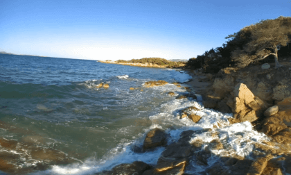 beautiful beach in Sardinia, fpv drone flight over water VR Video beautiful beach in Sardinia, fpv drone flight over water VR