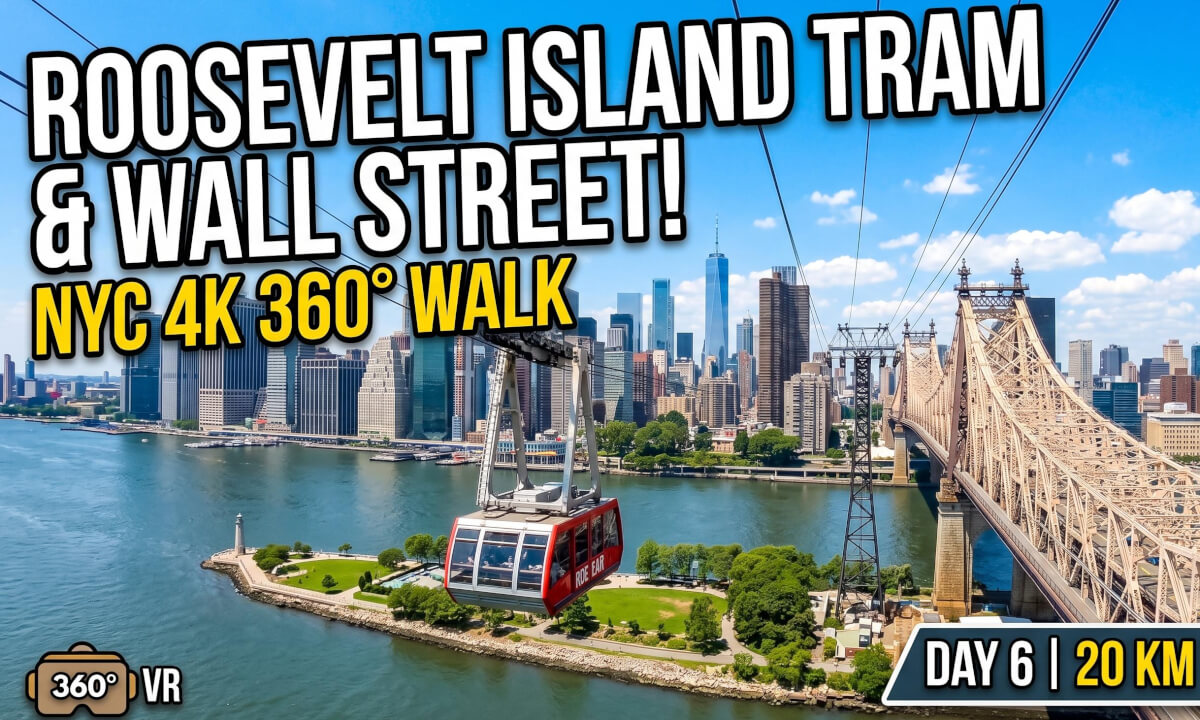 New York City walk 4K 360° - day 6/6 - Roosevelt Island, bridge, Tram, Wall Street - 20 km walk