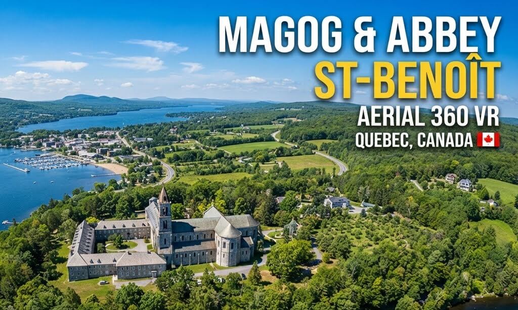 Saint-Benoît-du-Lac & Magog, Québec 🇨🇦 | Stunning Aerial 360° VR Tour | Abbey, Lake & Nature