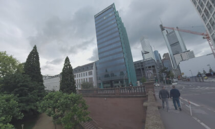 360 VR Untermainbrucke and business skyscrapers in Frankfurt, Germany