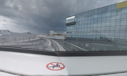 360 VR Driveless train with passengers traveling in Frankfurt, Germany