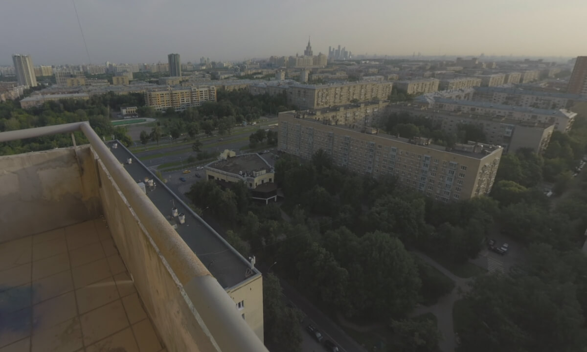 360 VR Moscow cityscape at sunset, view from the balcony of high-rise apartment block