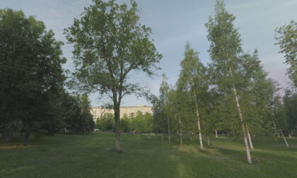 360 VR Green park with sports ground at sunset in Moscow, Russia