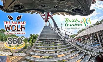 VR 360 Big Bad Wolf The Wolf's Revenge Roller Coaster On Ride Front Seat POV Busch Gardens Williamsburg 2026 07 02