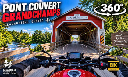 Grandchamp covered bridge - 8K 360° Motorcycle Ride | Lanaudière, Québec, Canada