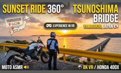 [360° VR / ASMR] Crossing Tsunoshima Bridge at Magic Hour: Pure Engine Sound | Honda 400X