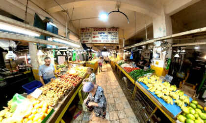 Shoppers walk among stalls buy food products vegetables fruits produce 360VR Shoppers walk among stalls buy food products vegetables fruits produce 360VR
