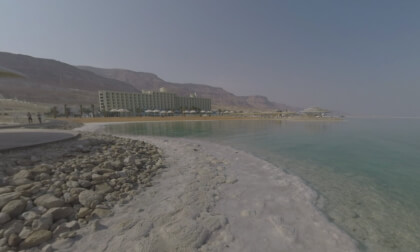360 VR Scene with Dead Sea shore and resort with some vacationers