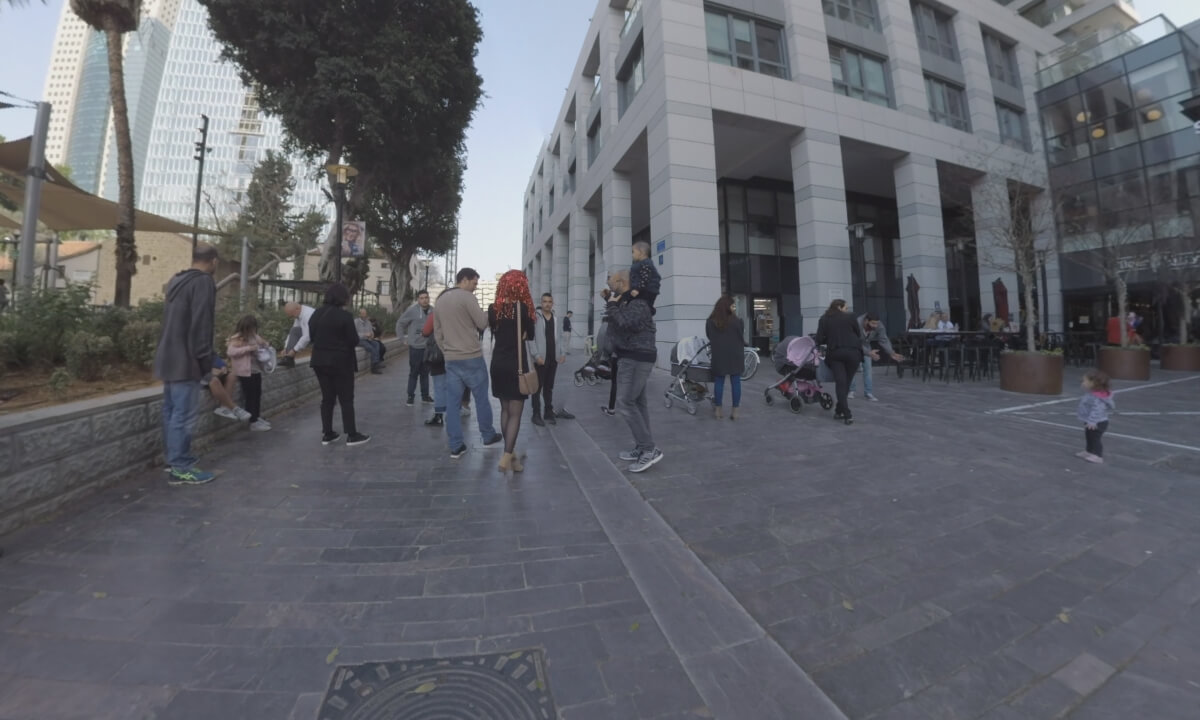 360 VR Street with people and Sarona Market in Tel Aviv, Israel