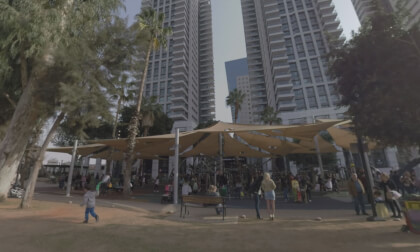 360 VR Tel Aviv scene with Sarona Market and people in public garden, Israel