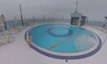 360 VR People relaxing near the pool on hotel rooftop in Tel Aviv, Israel