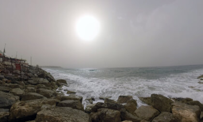 360 VR Sea crashing rocks at the seaside and view of Tel Aviv beachfront, Israel