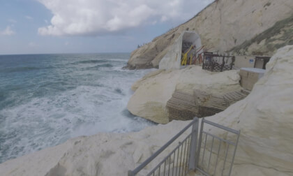 360 VR Rosh HaNikra landscape with cliff, sea and cable car. Israel