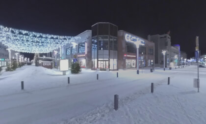 360 VR Winter street in night Rovaniemi, Finland