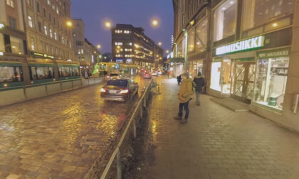 360 VR Night view of Kaisaniemenkatu street in Helsinki, Finland