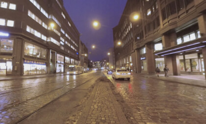 360 VR Transport traffic in night Kaisaniemenkatu street. Helsinki, Finland