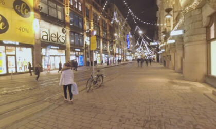 360 VR Illuminated Aleksanterinkatu street at night. Helsinki, Finland