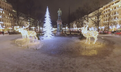 360 VR Winter Esplanadi park with Christmas decorations. Night Helsinki, Finland