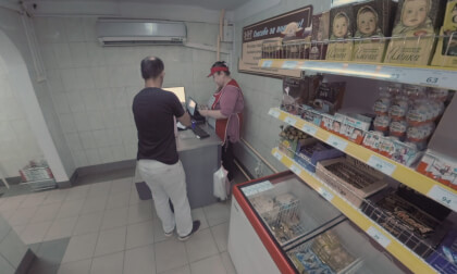 360 VR People buying food in the grocery. Moscow, Russia