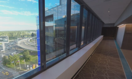 360 VR Road traffic view from the window in hotel hall, Moscow