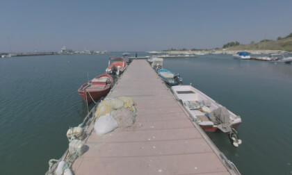 360 VR Harbour with boats at anchor. Nea Kallikratia, Greece