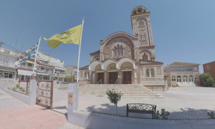 360 VR Street with Saint Paraskevi Orthodox Church in Nea Kallikratia, Greece