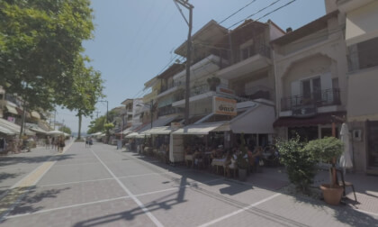 360 VR Pedestrian street with cafes and vendors in Nea Kallikratia, Greece