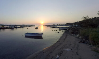 360 VR Marine scene with harbour and boats at sunset. Nea Kallikratia, Greece