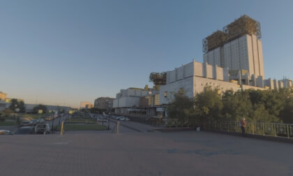 360 VR People looking at Moscow from RAN viewing platform at sunset, Russia