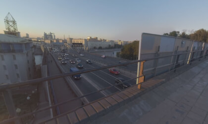 360 VR View to city and busy car traffic from overpass bridge. Moscow, Russia