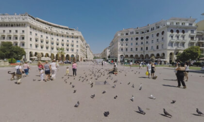 360 VR Central Aristotelous Square with walking people and pigeons, Thessaloniki